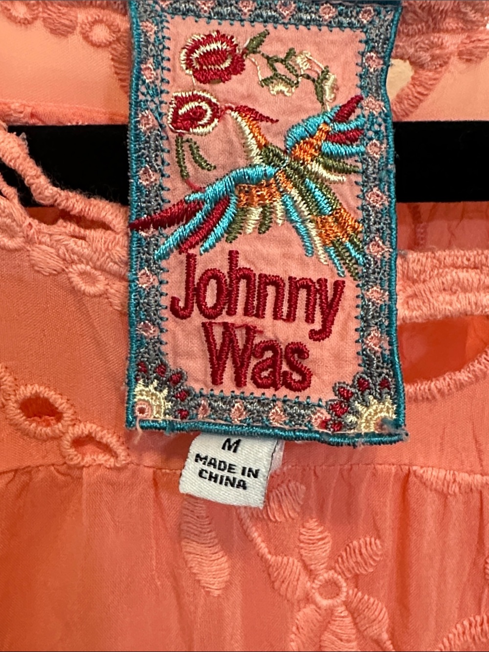 Johnny Was Coral Embroidered Eyelet Boho Blouse